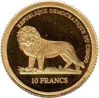 obverse of 10 Francs - Mona Lisa (2006) coin from Congo - Democratic Republic. Inscription: REPUBLIQUE DEMOCRATIQUE DU CONGO 10 FRANCS