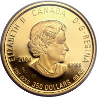 obverse of 350 Dollars - Elizabeth II - Yukon Fireweed (2004) coin from Canada. Inscription: ELIZABETH II CANADA D · G · REGINA 2004 .999 FINE GOLD 350 DOLLARS OR PUR