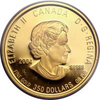Canada coin 350 Dollars - Elizabeth II - Yukon Fireweed (2004) obverse obverse of 350 Dollars - Elizabeth II - Yukon Fireweed (2004) coin from Canada. Inscription: ELIZABETH II CANADA D · G · REGINA 2004 .999 FINE GOLD 350 DOLLARS OR PUR
