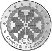 Cyprus coin 5 Euro - Cyprus Presidency of the Council of the EU (2012) reverse reverse of 5 Euro - Cyprus Presidency of the Council of the EU (2012) coin with KM# 98 from Cyprus. Inscription: € 5 CYPRUS EU PRESIDENCY