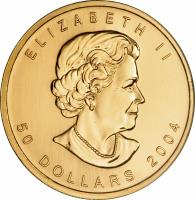 Canada coin 50 Dollars - Elizabeth II - 25th Anniversary of Gold Bullion Maple Leaf - 4'th Portrait (2004) obverse obverse of 50 Dollars - Elizabeth II - 25th Anniversary of Gold Bullion Maple Leaf - 4'th Portrait (2004) coin from Canada. Inscription: ELIZABETH II 50 DOLLARS 2004