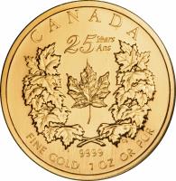 Canada coin 50 Dollars - Elizabeth II - 25th Anniversary of Gold Bullion Maple Leaf - 4'th Portrait (2004) reverse reverse of 50 Dollars - Elizabeth II - 25th Anniversary of Gold Bullion Maple Leaf - 4'th Portrait (2004) coin from Canada. Inscription: CANADA 25 Years Ans CS 9999 FINE GOLD 1 OZ OR PUR
