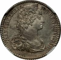 Austria coin 6 Kreuzer - Maria Theresa - Hall mint (1742 - 1746) obverse obverse of 6 Kreuzer - Maria Theresa - Hall mint (1742 - 1746) coin with KM# 1692 from Austria. Inscription: MAR.THERESIA D:G REG.HUNG.BOH