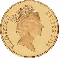 Belize coin 250 Dollars - Elizabeth II - 500th Anniversary of the discovery of the Americas (1989) obverse obverse of 250 Dollars - Elizabeth II - 500th Anniversary of the discovery of the Americas (1989) coin with KM# 98 from Belize. Inscription: ELIZABETH II BELIZE 1989 RDM