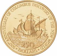 reverse of 250 Dollars - Elizabeth II - 500th Anniversary of the discovery of the Americas (1989) coin with KM# 98 from Belize. Inscription: 500TH ANNIVERSARY OF COLUMBUS DISCOVERY OF THE NEW WORLD 250 DOLLARS