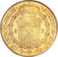 Bolivia coin 8 Escudos - Carlos IV (1791) reverse reverse of 8 Escudos - Carlos IV (1791) coin with KM# 77 from Bolivia.