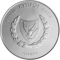 obverse of 5 Euro - 50th Anniversary of the Central Bank of Cyprus (2013) coin from Cyprus. Inscription: ΚΥΠΡΟΣ CYPRUS KIBRIS 1963 - 2013