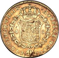 Bolivia coin 4 Escudos - Carlos III (1778 - 1788) reverse reverse of 4 Escudos - Carlos III (1778 - 1788) coin with KM# 58 from Bolivia.