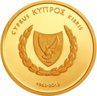 obverse of 20 Euro - 50th Anniversary of the Central Bank of Cyprus (2013) coin from Cyprus. Inscription: ΚΥΠΡΟΣ CYPRUS KIBRIS 1963 - 2013