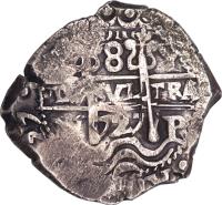 Bolivia coin 8 Reales - Felipe V (1725 - 1727) reverse reverse of 8 Reales - Felipe V (1725 - 1727) coin with KM# 35 from Bolivia.