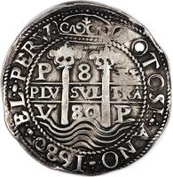 reverse of 8 Reales - Carlos II (1667) coin with KM# 26 from Bolivia.