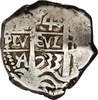 Bolivia coin 4 Reales - Felipe V (1702 - 1703) reverse reverse of 4 Reales - Felipe V (1702 - 1703) coin with KM# 30 from Bolivia.