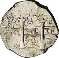 Bolivia coin 4 Reales - Felipe IV (1652 - 1666) reverse reverse of 4 Reales - Felipe IV (1652 - 1666) coin with KM# 18 from Bolivia.