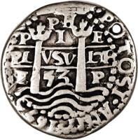 Bolivia coin 4 Reales - Felipe IV (1652 - 1654) reverse reverse of 4 Reales - Felipe IV (1652 - 1654) coin with KM# 13 from Bolivia.