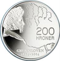 reverse of 200 Kroner - Harald V - 200th anniversary of the constitution (2014) coin with KM# 490 from Norway. Inscription: 200 KRONER GRUNNLOVEN 1814-2014