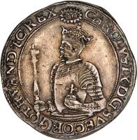 obverse of 1 Mark - Karl IX (1607 - 1611) coin with KM# 28 from Sweden. Inscription: CAROLVS.IX.D:G.SVECOR.GOTHVAND. .REX