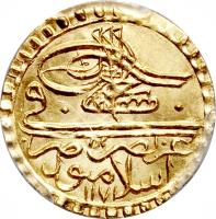 Ottoman Empire coin 1/2 Zari Maḥbūb - Mustafa III (1766 - 1774) obverse obverse of 1/2 Zari Maḥbūb - Mustafa III (1766 - 1774) coin with KM# 328 from Ottoman Empire.