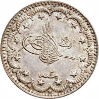 obverse of 5 Kuruş - Mehmed V (1910) coin with KM# 791 from Ottoman Empire. Inscription: رشاد ٢ سنة