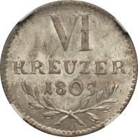 German States coin 6 Kreuzer - Karl Ludwig Friedrich (1804 - 1805) reverse reverse of 6 Kreuzer - Karl Ludwig Friedrich (1804 - 1805) coin with KM# 138 from German States. Inscription: VI KREUZER 1805