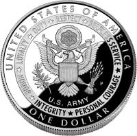 United States coin 1 Dollar - United States Army (2011) reverse reverse of 1 Dollar - United States Army (2011) coin with KM# 507 from United States. Inscription: UNITED STATES OF AMERICA ☆ LOYALTY ☆ DUTY ☆ RESPECT ☆ SELFLESS SERVICE ☆ PERSONAL COURAGE ☆ INTEGRITY ☆ HONOR U.S. ARMY ONE DOLLAR