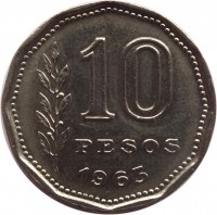 reverse of 10 Pesos (1962 - 1968) coin with KM# 60 from Argentina. Inscription: 10 PESOS 1963