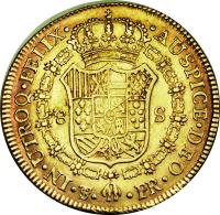 Bolivia coin 8 Escudos - Carlos IV (1789 - 1790) reverse reverse of 8 Escudos - Carlos IV (1789 - 1790) coin with KM# 68 from Bolivia. Inscription: IN · UTROQ · FELIX · · AUSPICE · DEO · 8 S · PTS · · PR ·