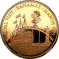 Bahamas coin 250 Dollars - Elizabeth II - Royal Visit (1994) reverse reverse of 250 Dollars - Elizabeth II - Royal Visit (1994) coin with KM# 182 from Bahamas. Inscription: ROYAL VISIT · BAHAMAS · MARCH 1994 EIIR S. S. BRITANNIA