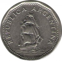 obverse of 5 Pesos (1961 - 1968) coin with KM# 59 from Argentina. Inscription: REPUBLICA ARGENTINA