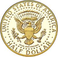 United States coin 1/2 Dollar - 50th Anniversary of Kennedy Half Dollar (2014) reverse reverse of 1/2 Dollar - 50th Anniversary of Kennedy Half Dollar (2014) coin with KM# 587 from United States. Inscription: UNITED STATES OF AMERICA, HALF DOLLAR and ¾ OZ. .999 FINE GOLD