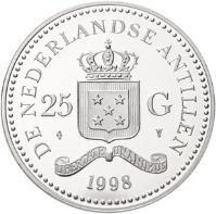 obverse of 25 Gulden - Beatrix - World Wildlife Fund (1998) coin with KM# 44 from Netherlands Antilles. Inscription: DE NEDERLANDSE ANTILLEN 25 G LIBERTATE UNANIMUS 1998