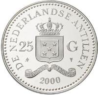 obverse of 25 Gulden - Beatrix - 2000 Summer Olympics (2000) coin with KM# 48 from Netherlands Antilles. Inscription: DE NEDERLANDSE ANTILLEN 25 G LIBERTATE UNANIMUS 2000