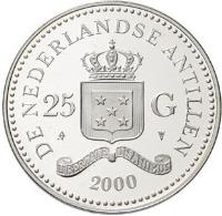 Netherlands Antilles coin 25 Gulden - Beatrix - 2000 Summer Olympics (2000) obverse obverse of 25 Gulden - Beatrix - 2000 Summer Olympics (2000) coin with KM# 48 from Netherlands Antilles. Inscription: DE NEDERLANDSE ANTILLEN 25 G LIBERTATE UNANIMUS 2000
