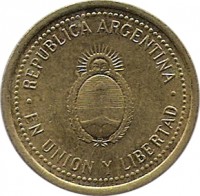 obverse of 10 Centavos - Reeded edge; Non magnetic (1992 - 2006) coin with KM# 107 from Argentina. Inscription: REPUBLICA ARGENTINA . EN UNION Y LIBERTAD .