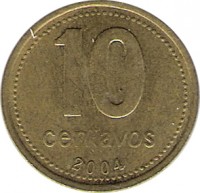 reverse of 10 Centavos - Reeded edge; Non magnetic (1992 - 2006) coin with KM# 107 from Argentina. Inscription: 10 Centavos 2004