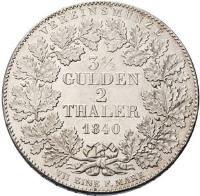 reverse of 2 Thaler - Adolph von Nassau (1840) coin with KM# 65 from German States. Inscription: VEREINSMÜNZE 31/2 GULDEN 2 THALER 1840 VII EINE F.MARK