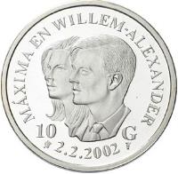Netherlands Antilles coin 10 Gulden - Beatrix - Royal wedding of Willem-Alexander and Máxima (2002) reverse reverse of 10 Gulden - Beatrix - Royal wedding of Willem-Alexander and Máxima (2002) coin with KM# 84 from Netherlands Antilles. Inscription: MÁXIMA EN WILLEM-ALEXANDER 10 G 2.2.2002
