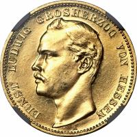 German States coin 20 Mark - Ernst Ludwig (1893) obverse obverse of 20 Mark - Ernst Ludwig (1893) coin with KM# 367 from German States. Inscription: ERNST LUDWIG GROSHERZOG VON HESSEN