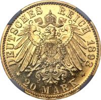 German States coin 20 Mark - Ernst Ludwig (1893) reverse reverse of 20 Mark - Ernst Ludwig (1893) coin with KM# 367 from German States. Inscription: DEUTSCHES REICH 1893 * 20 MARK *
