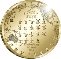 reverse of 10 Euro - Willem-Alexander - Kinderdijk (2014) coin with KM# 360 from Netherlands. Inscription: tien euro Kinderdijkse Molens 2014 NEDERLANDS WERELDERFGOED