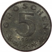 reverse of 5 Groschen (1948 - 1994) coin with KM# 2875 from Austria. Inscription: GROSCHEN 5 1968