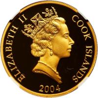 obverse of 200 Dollars - Elizabeth II - 40th President of the United States, Ronal Reagan (2004) coin from Cook Islands. Inscription: ELIZABETH II COOK ISLANDS RDM 2004