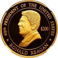 reverse of 200 Dollars - Elizabeth II - 40th President of the United States, Ronal Reagan (2004) coin from Cook Islands. Inscription: * 40th PRESIDENT OF THE UNITED STATES * $200 RONALD REAGAN