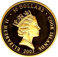 Cook Islands coin 50 Dollars - Elizabeth II - 50th Anniversary of Full Gospel Business Men's Fellowship International (2003) obverse obverse of 50 Dollars - Elizabeth II - 50th Anniversary of Full Gospel Business Men's Fellowship International (2003) coin from Cook Islands. Inscription: ELIZABETH II · 50 DOLLARS · COOK ISLANDS RDM 2003
