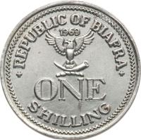 Biafra coin 1 Shilling (1969) reverse reverse of 1 Shilling (1969) coin with KM# 3 from Biafra. Inscription: REPUBLIC OF BIAFRA 1969 ONE SHILLING