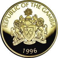 Gambia coin 200 Dalasis - Endangered Wildlife: Lion (1996) obverse obverse of 200 Dalasis - Endangered Wildlife: Lion (1996) coin with KM# 48 from Gambia. Inscription: REPUBLIC OF THE GAMBIA PROGRESS PEACE PROSPERITY 1996
