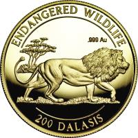 Gambia coin 200 Dalasis - Endangered Wildlife: Lion (1996) reverse reverse of 200 Dalasis - Endangered Wildlife: Lion (1996) coin with KM# 48 from Gambia. Inscription: ENDANGERED WILDLIFE .999 Au 200 DALASIS