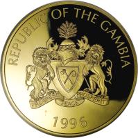 obverse of 1000 Dalasis - Endangered Wildlife: Lions with cub (1996) coin with KM# 69 from Gambia. Inscription: REPUBLIC OF THE GAMBIA PROGRESS PEACE PROSPERITY 1996