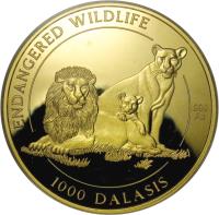 Gambia coin 1000 Dalasis - Endangered Wildlife: Lions with cub (1996) reverse reverse of 1000 Dalasis - Endangered Wildlife: Lions with cub (1996) coin with KM# 69 from Gambia. Inscription: ENDANGERED WILDLIFE .999 Au 1000 DALASIS