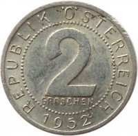 reverse of 2 Groschen (1950 - 1994) coin with KM# 2876 from Austria. Inscription: REPUBLIK ÖSTERREICH 2 GROSCHEN 1952