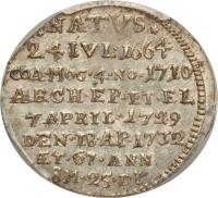 German States coin 1 Groschen - Franz Ludwig - Death of Franz Ludwig (1732) reverse reverse of 1 Groschen - Franz Ludwig - Death of Franz Ludwig (1732) coin with KM# 259 from German States. Inscription: *NATVS* 24IVL.1664 COA.MOG.4.NO.1710 ARCH.EP.ET.EL 7APRIL.1729 DEN.18.AP.1732 AET.67.ANN 8M.25.DI